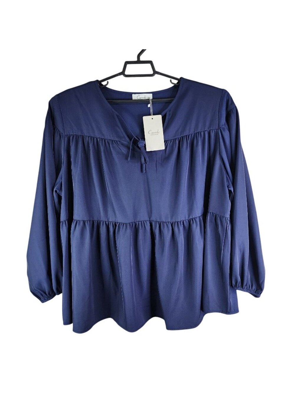 Womens Carrdc Navy Blue Keyhole Neck Tie Tiered Blouse Puff Sleeves Size 3X